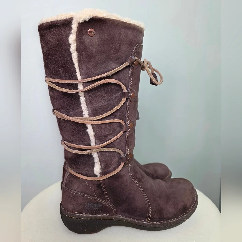 UGG Australia Mid-Calf Brown Suede Boots Shearling Trim Leather Lace-Up 7US/38EU